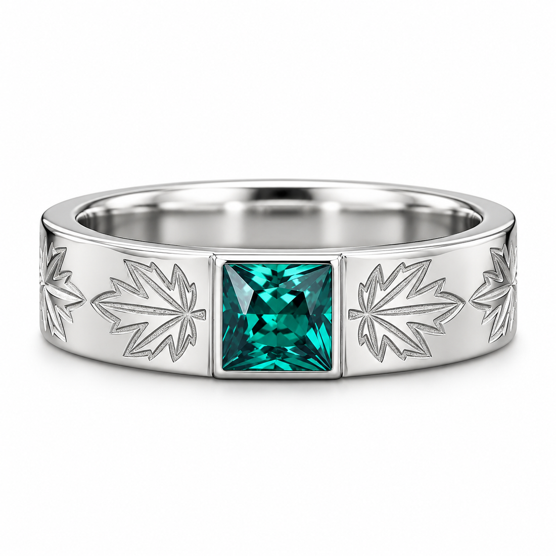 Green Princess Cut Yellow Gold-Tone Band Ring with Maple Leaf Engravings