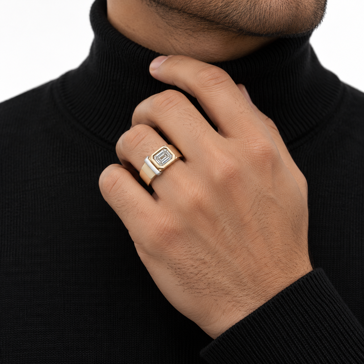 Men’s Emerald-Cut Solitaire Two-Tone Statement Ring