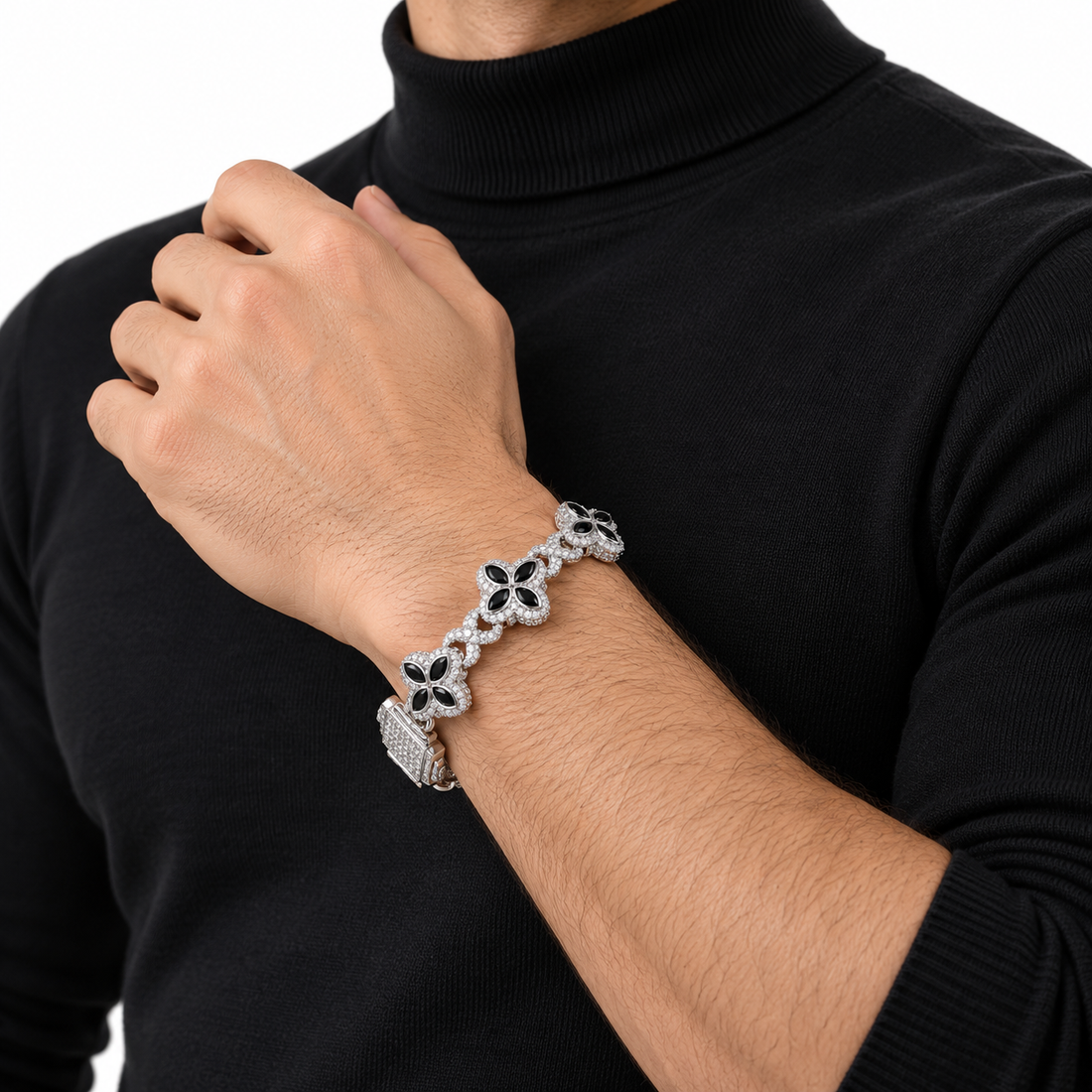 Iced Out Black Onyx Four Petal Clover Bracelet | Custom Hip Hop Jewelry