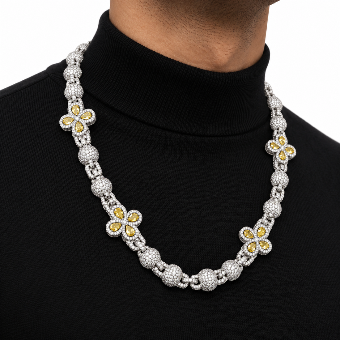 Iced Out Yellow Stone Floral Bead Link Necklace | Custom Hip Hop Jewelry