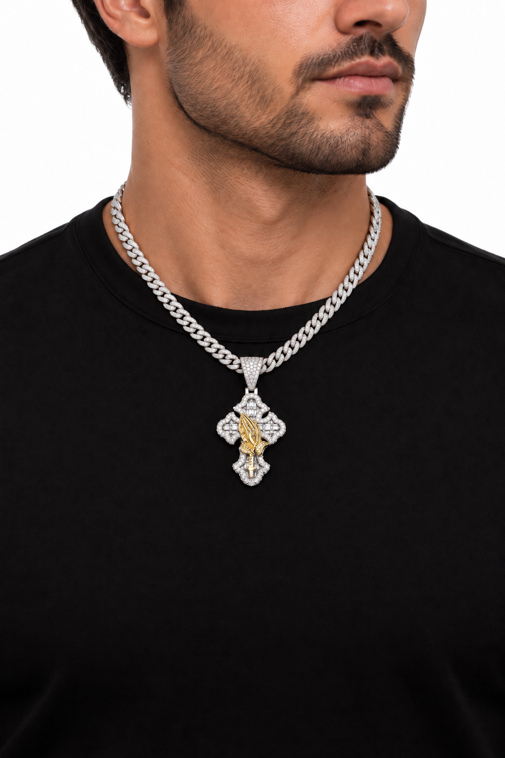 Custom Iced Out Praying Hands Cross Pendant | Made to Order