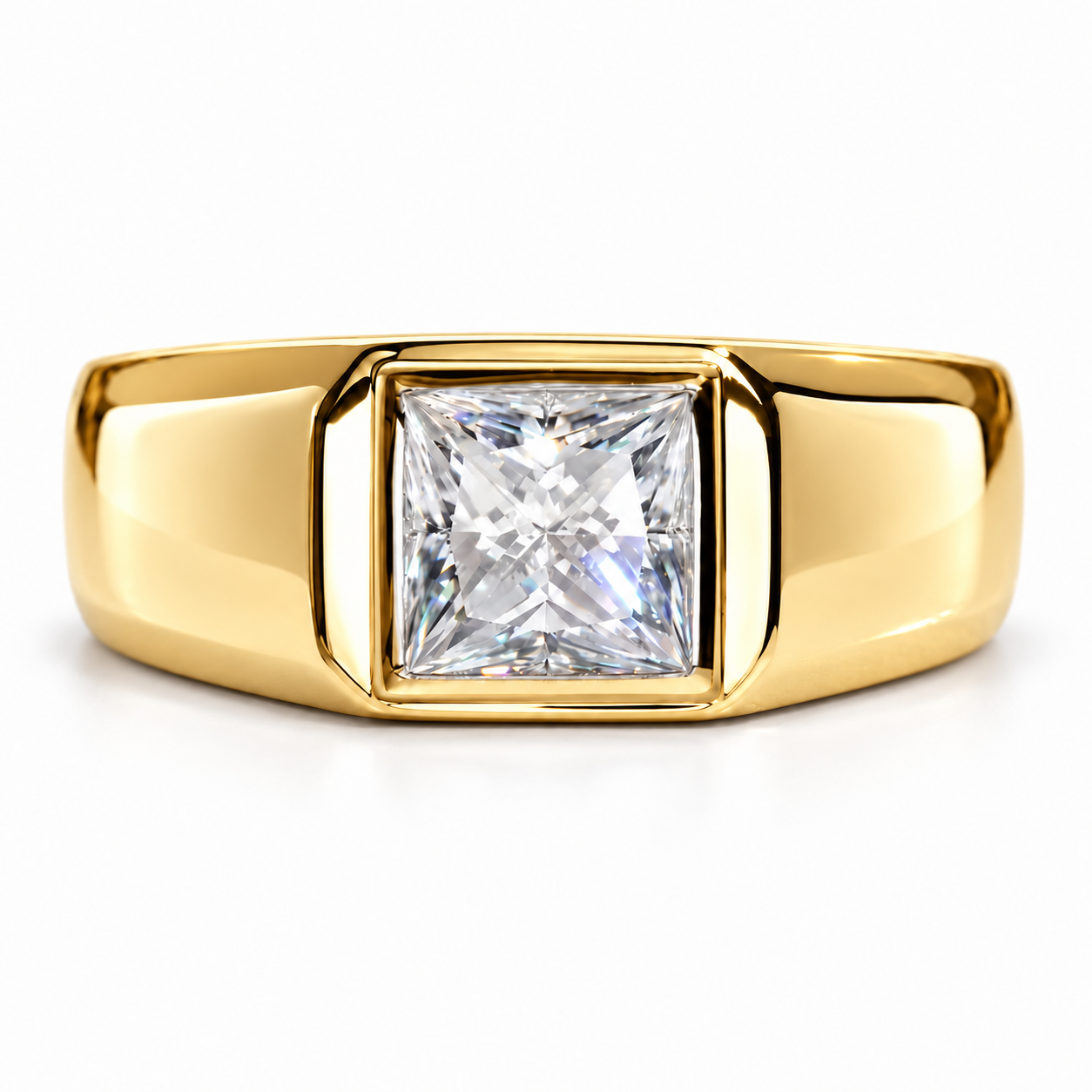 Princess Cut Solitaire White Metal Bezel-Style Signet Ring