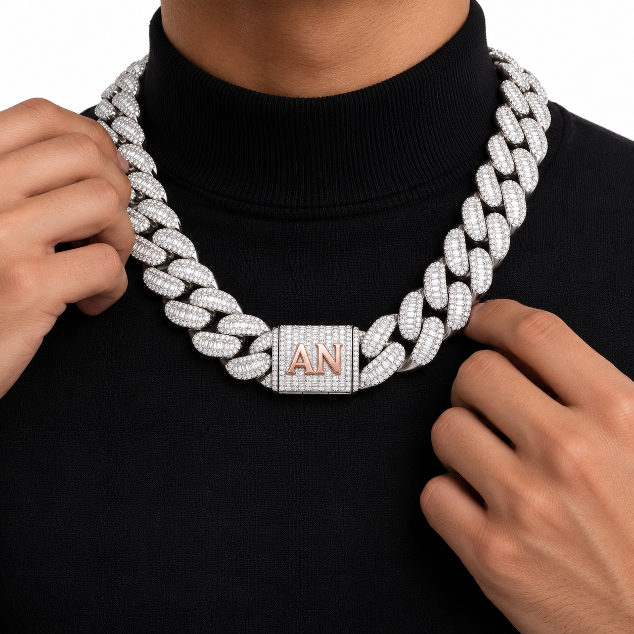 Custom Iced Out Baguette Cuban Link Chain With Initial Clasp