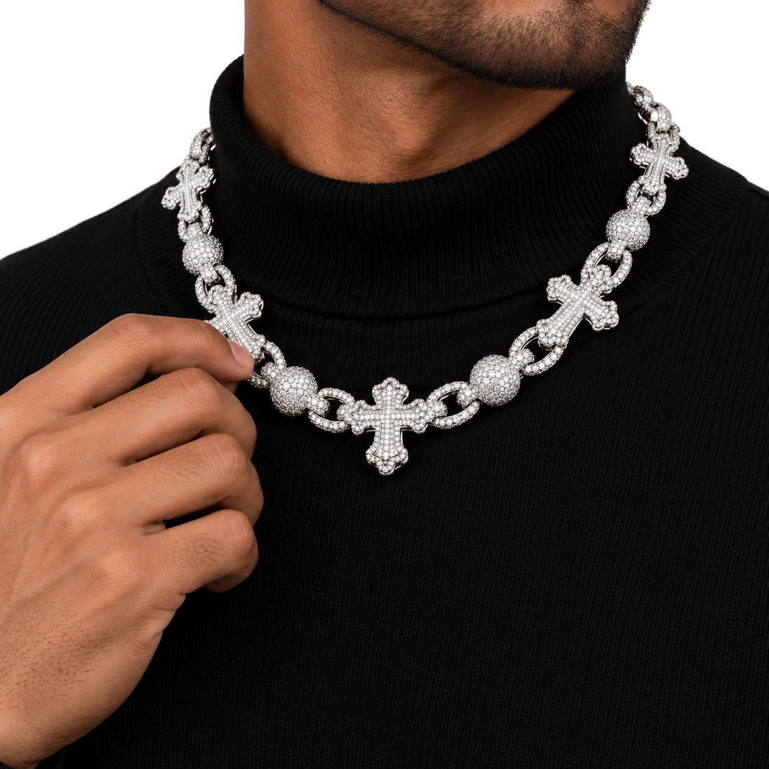 Custom Iced Out Cross & Bead Link Chain Necklace