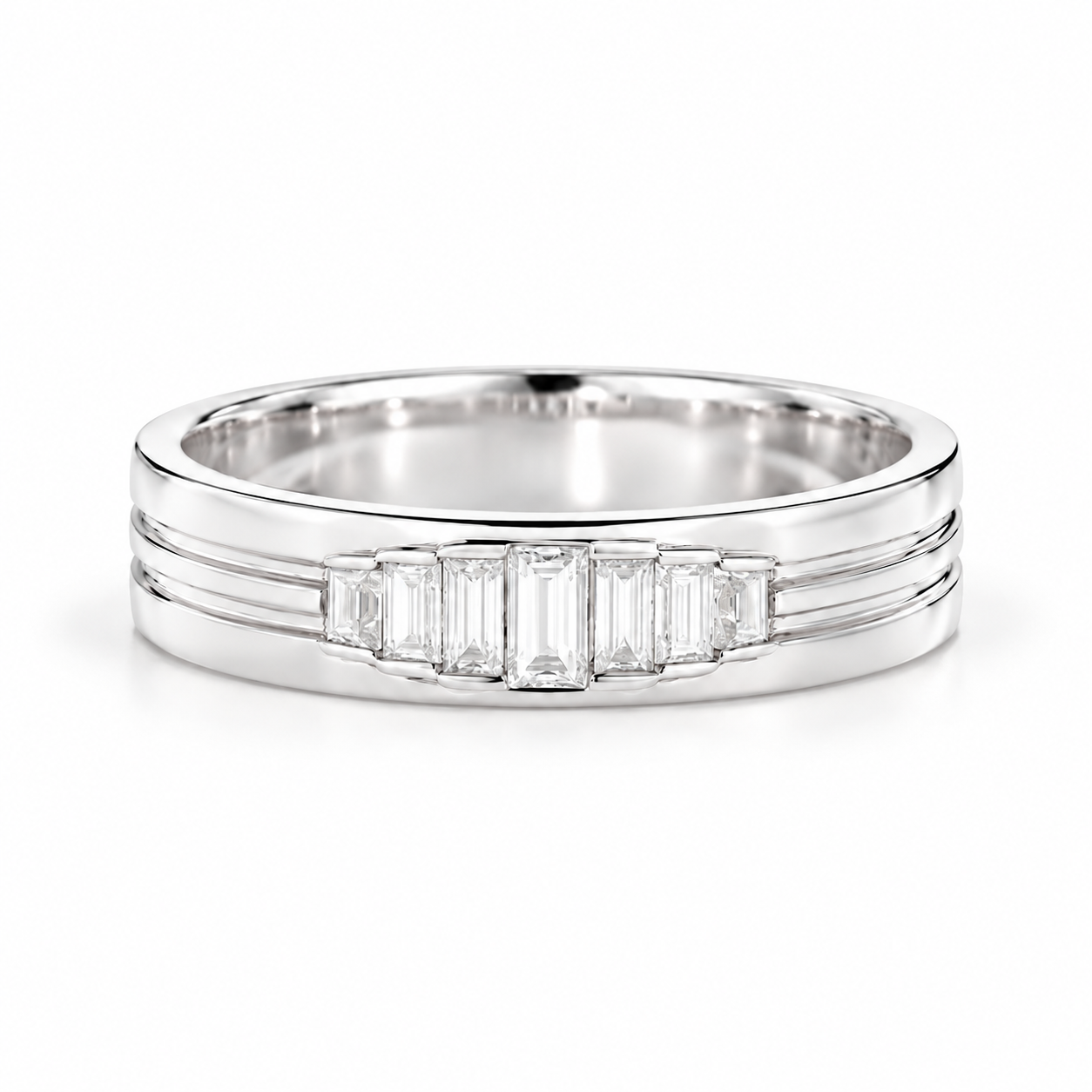 Seven Stone Graduated Baguette Yellow Gold-Tone Grooved Band Ring