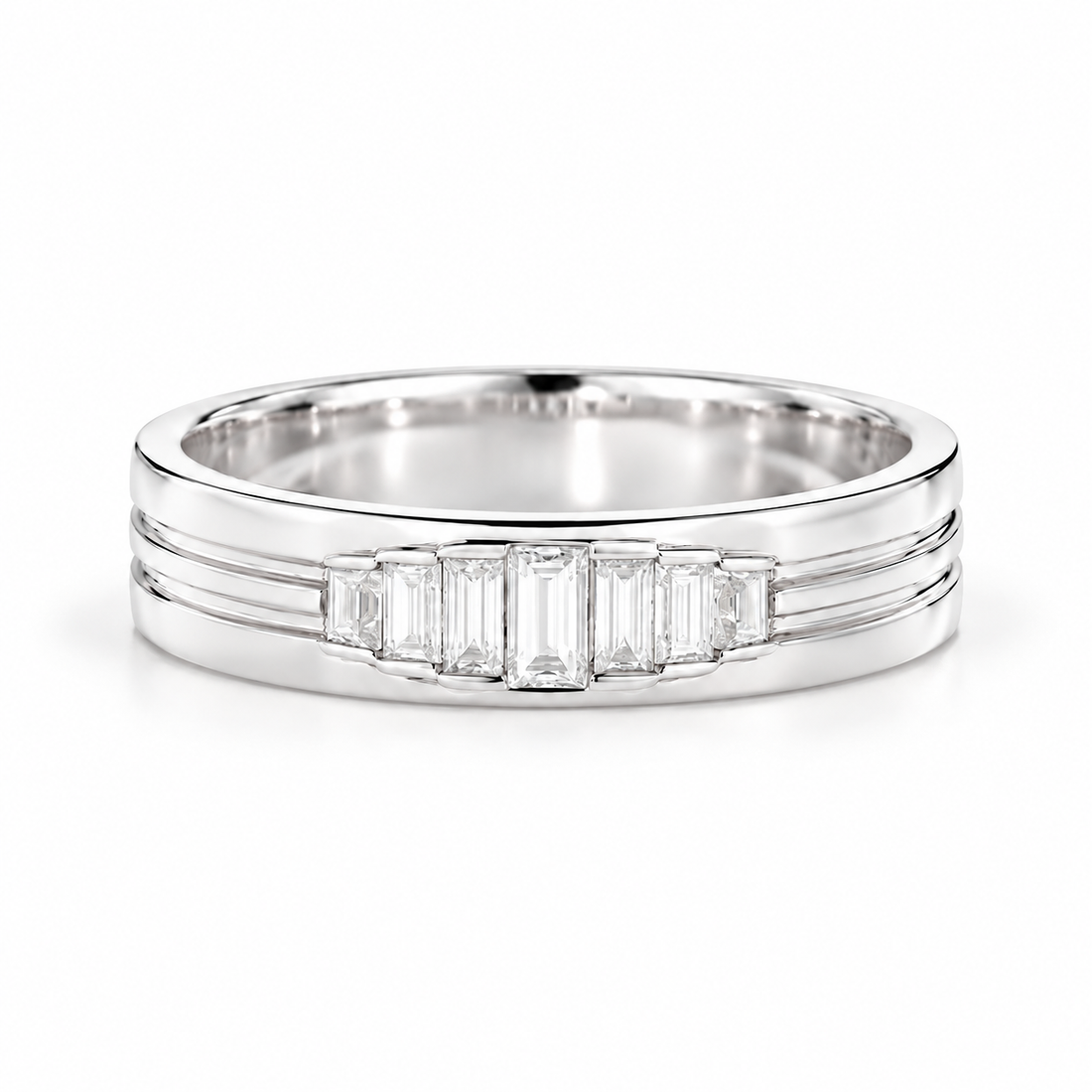 Seven Stone Graduated Baguette Yellow Gold-Tone Grooved Band Ring