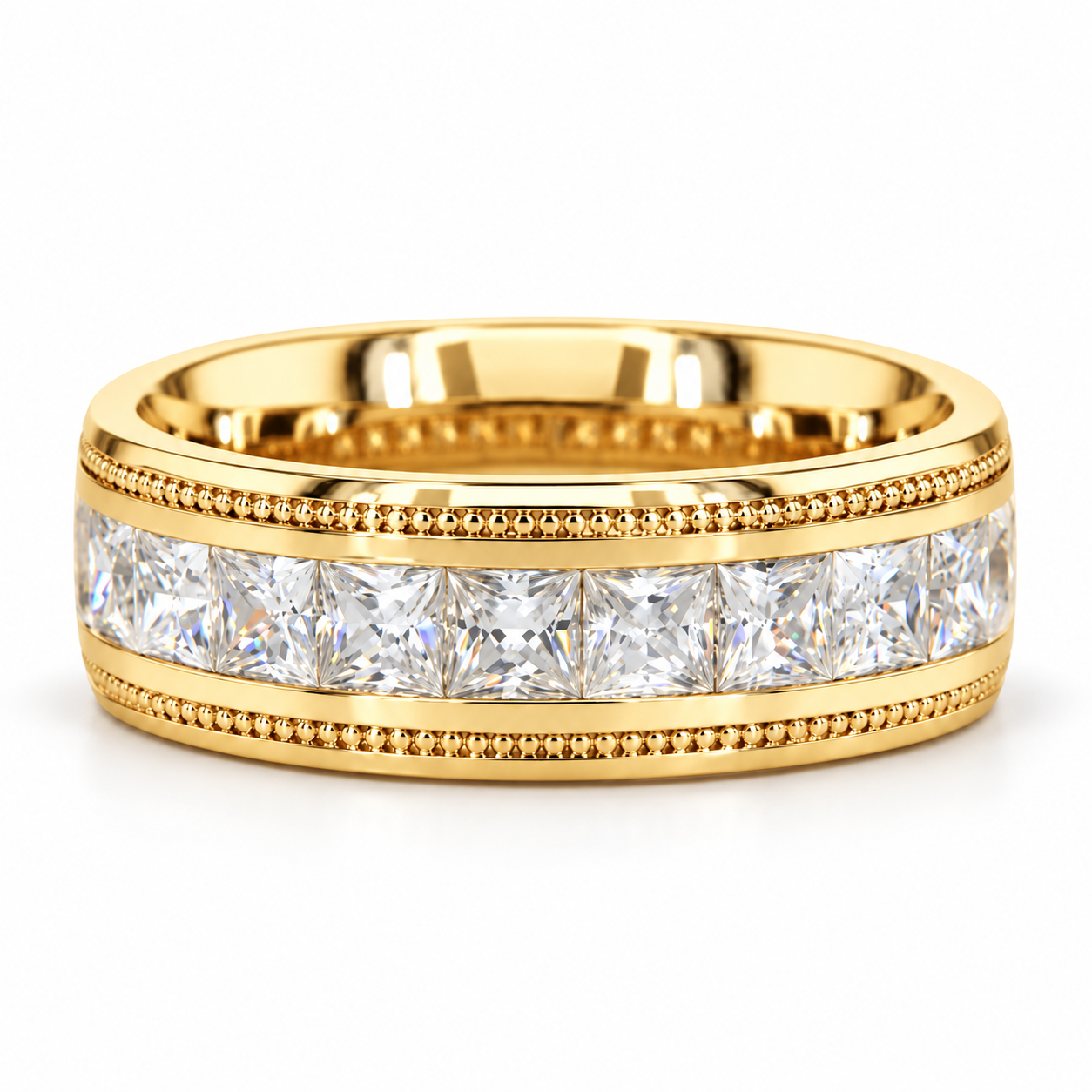 Princess Cut Channel Set White Metal Band Ring with Beaded Borders
