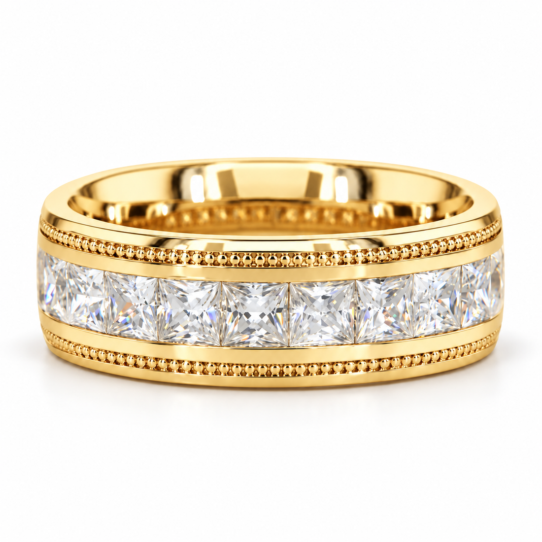 Princess Cut Channel Set White Metal Band Ring with Beaded Borders