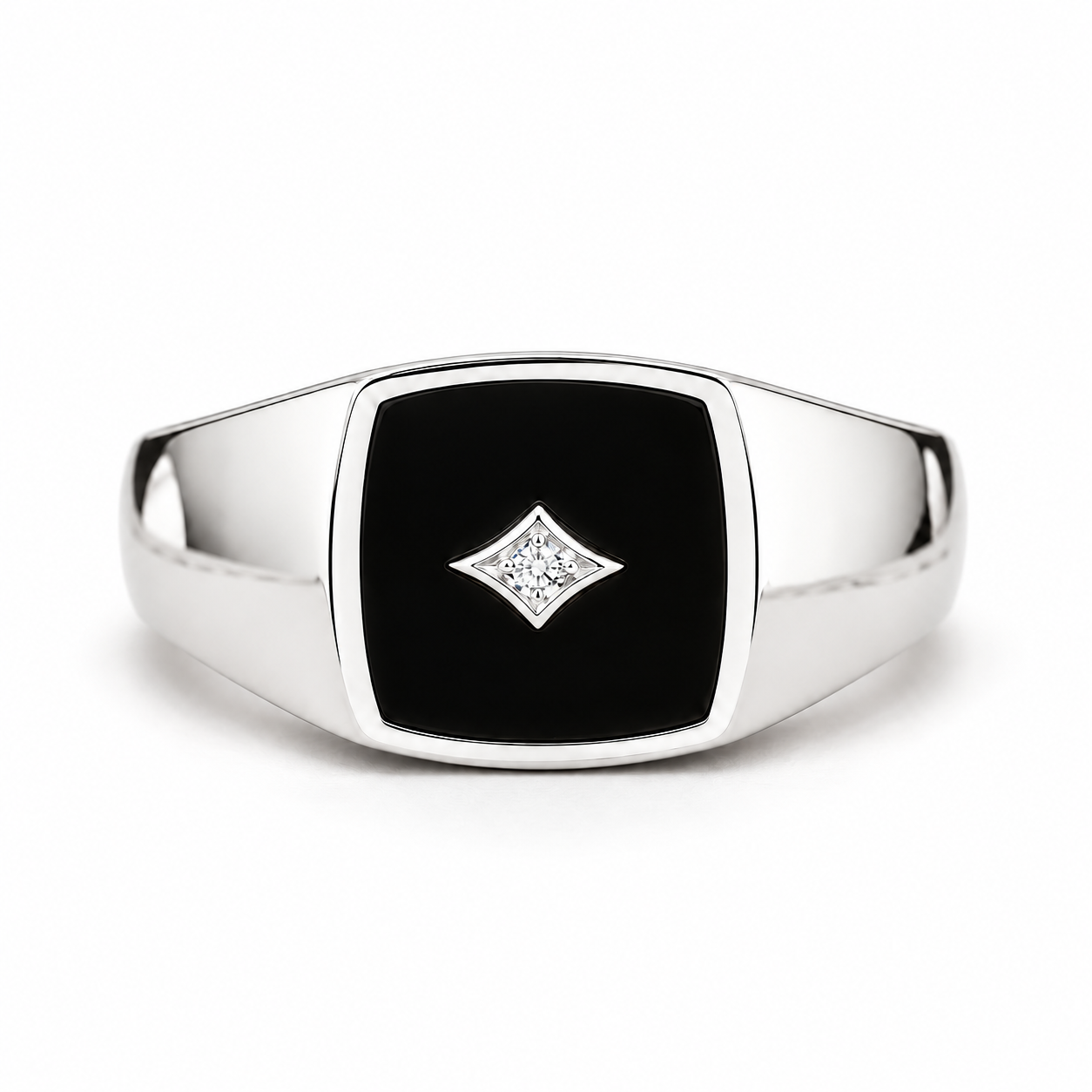 Black Panel Two-Tone Signet Ring with Star Motif Stone Accent