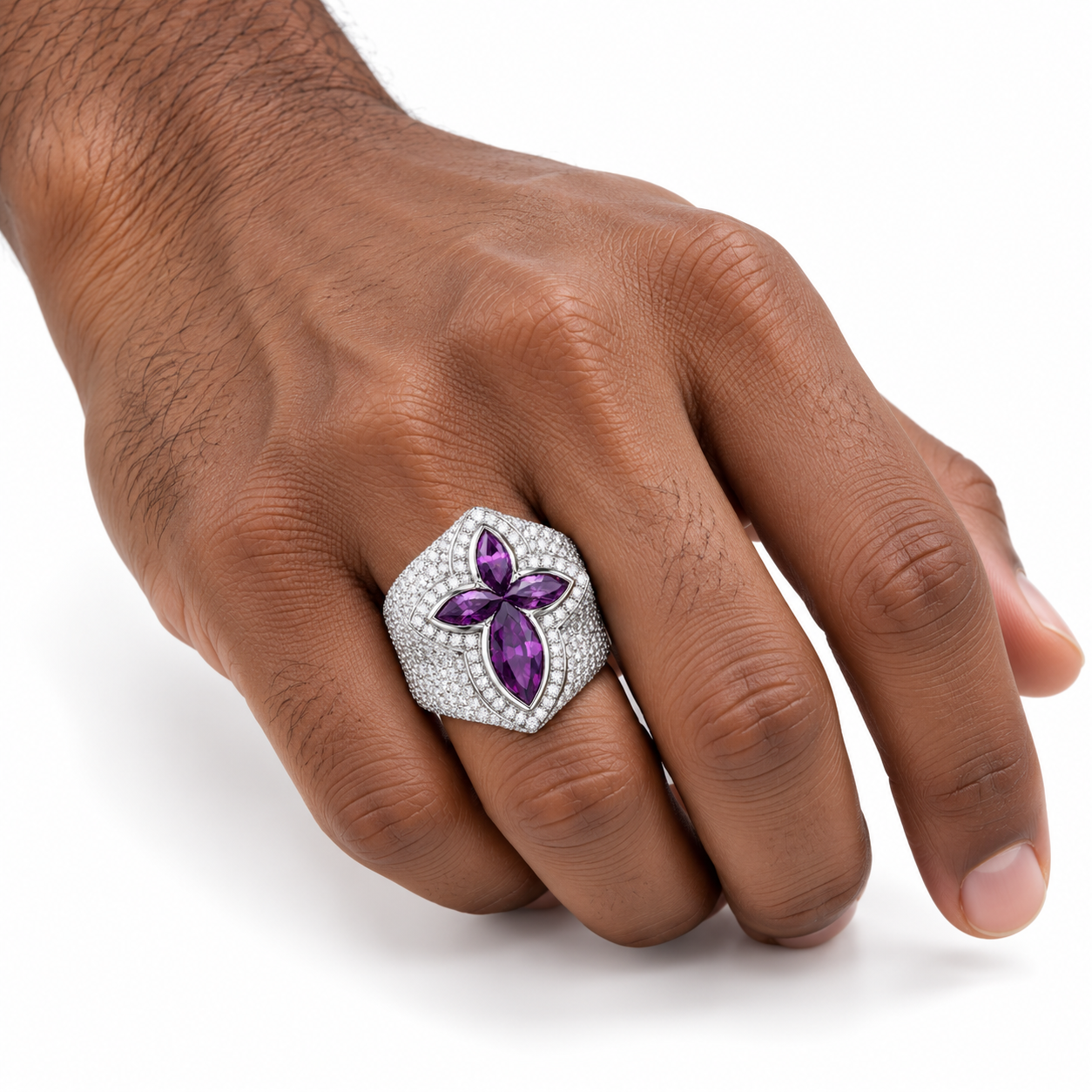 Iced Out Purple Marquise Floral Cross Ring