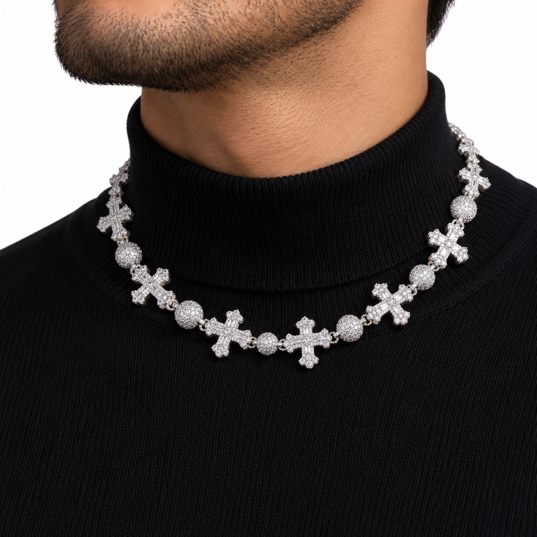 Custom Iced Out Cross & Bead Link Necklace