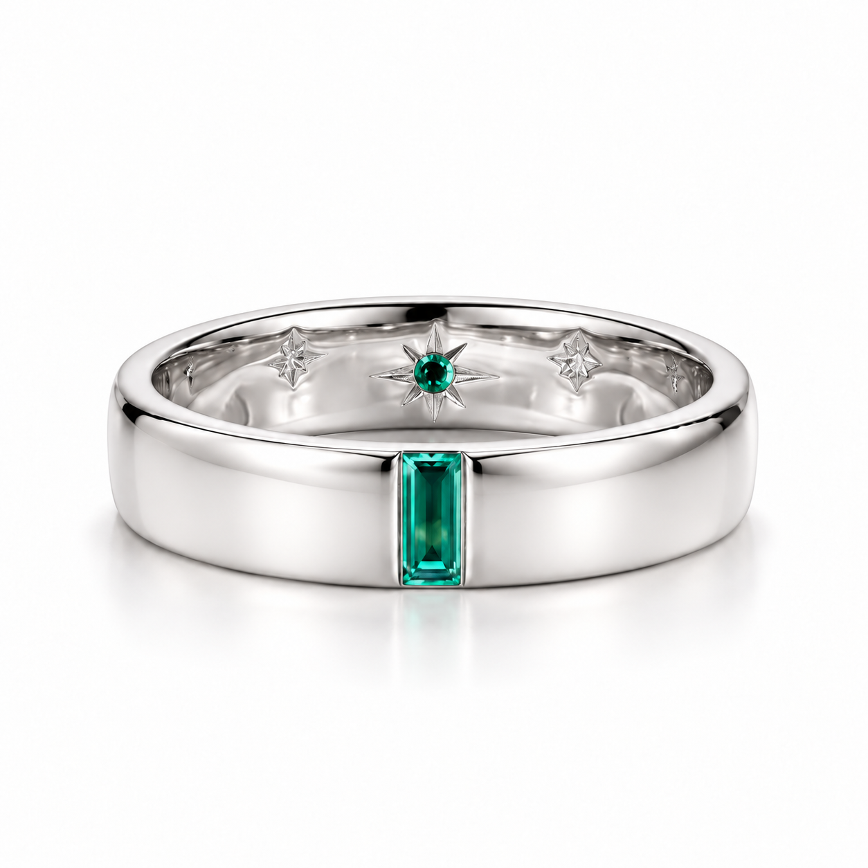 Green Baguette Yellow Gold-Tone Band Ring with Inner Starburst Detail