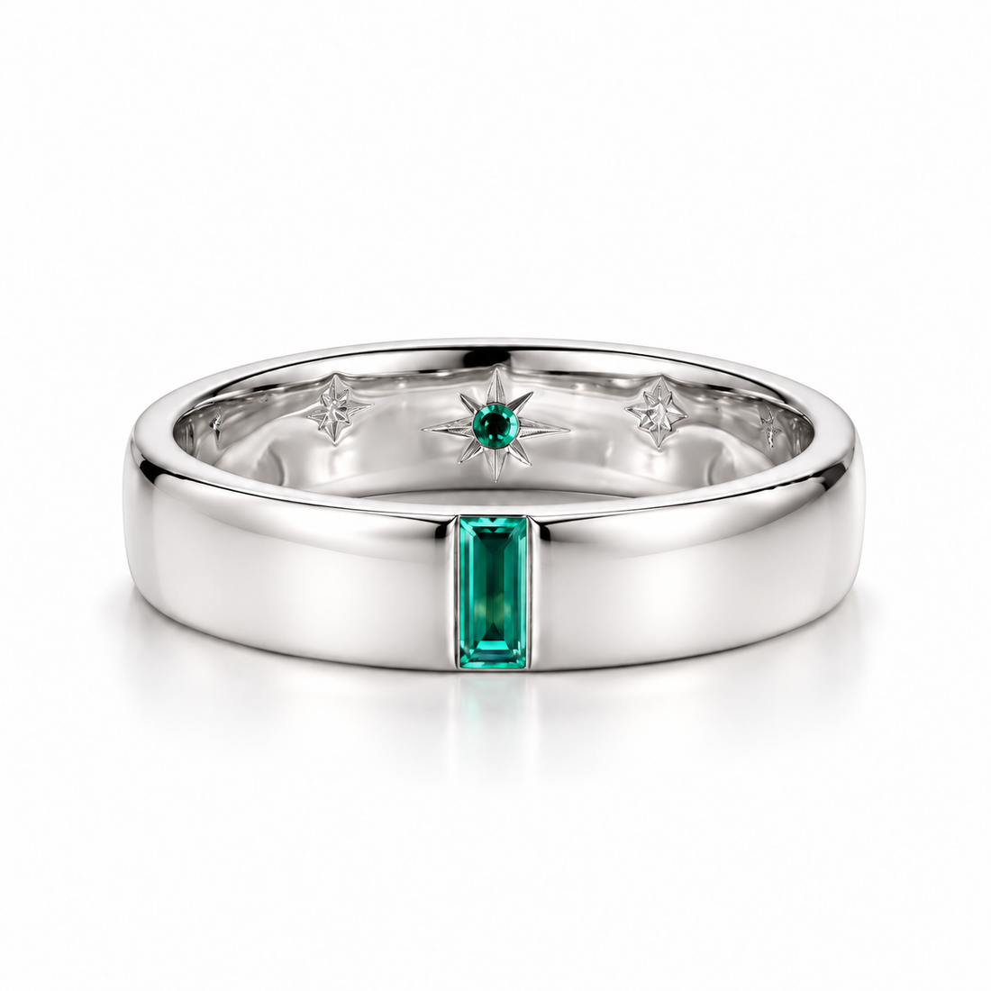 Green Baguette Yellow Gold-Tone Band Ring with Inner Starburst Detail
