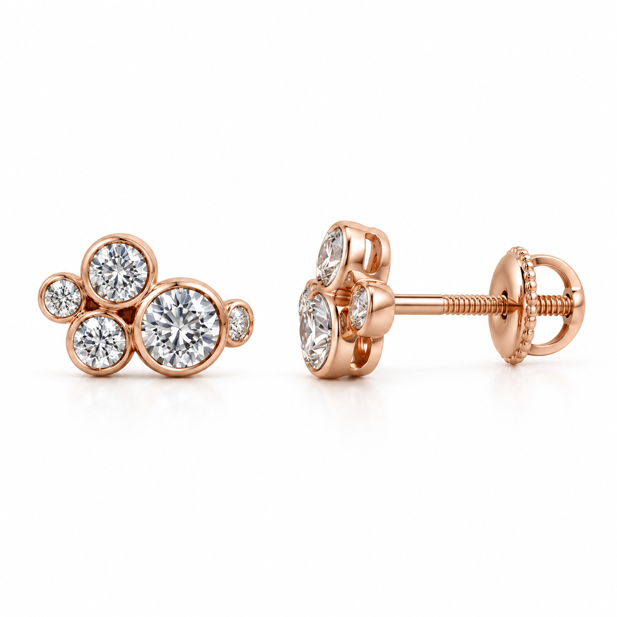 Round Bezel-Set Cluster Stud Earrings in Rose Gold Tone