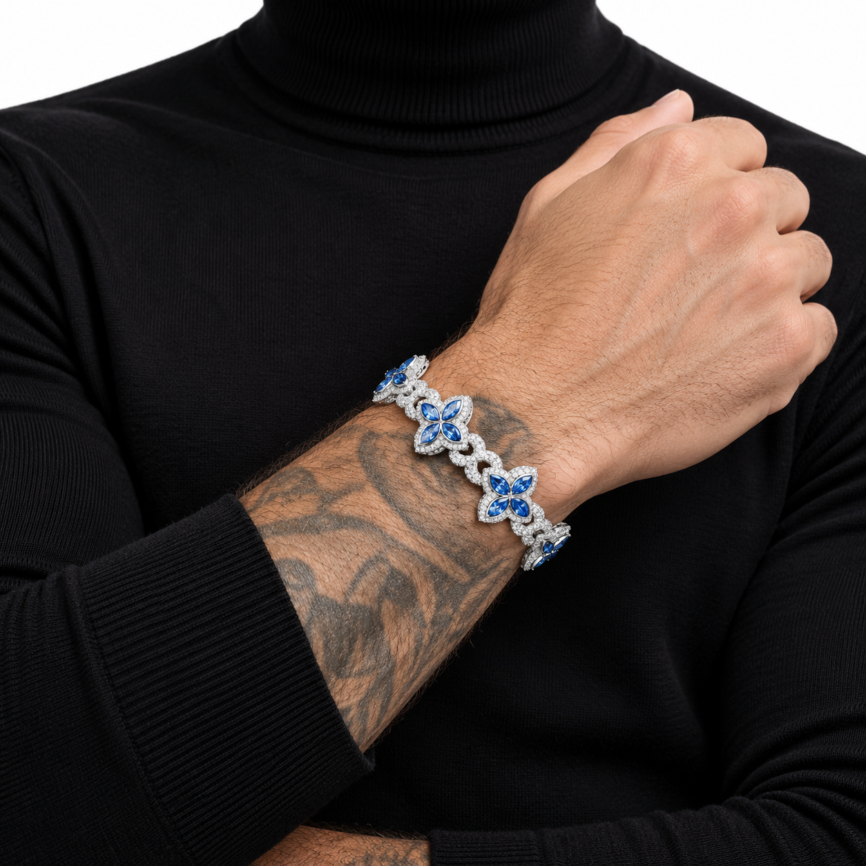 Iced Out Blue Four Petal Flower Bracelet | Custom Hip Hop Jewelry