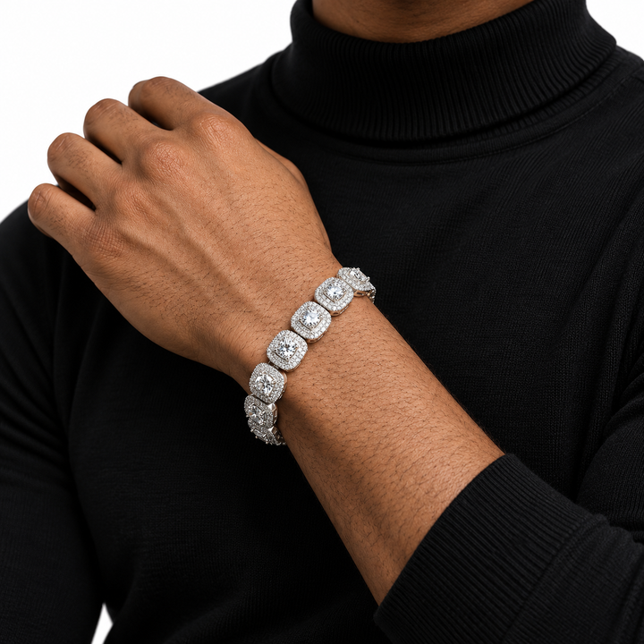 Iced Out Cushion Cut Halo Stone Bracelet | White Gold Hip Hop Jewelry