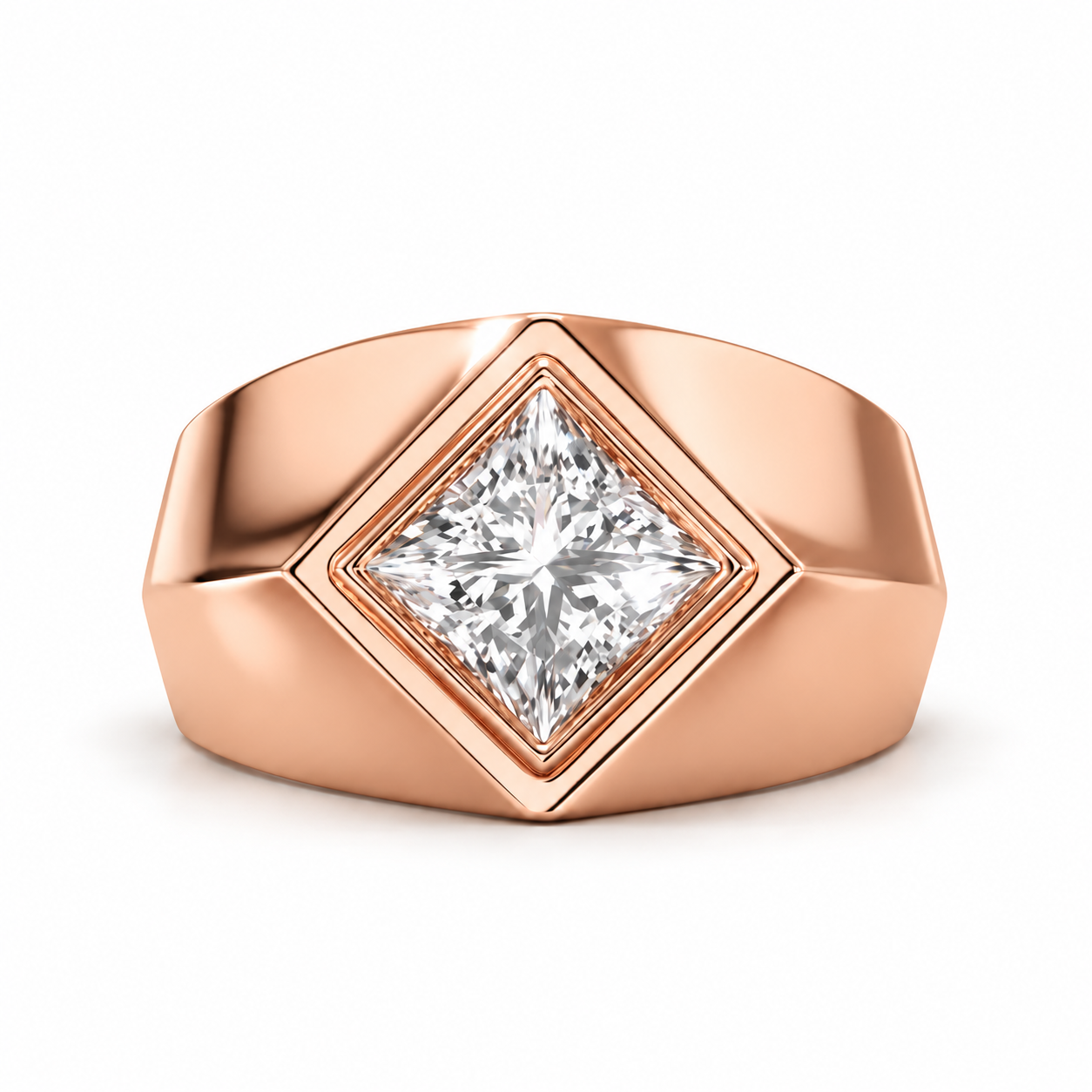 Princess Cut Solitaire Yellow Gold-Tone Geometric Signet Ring