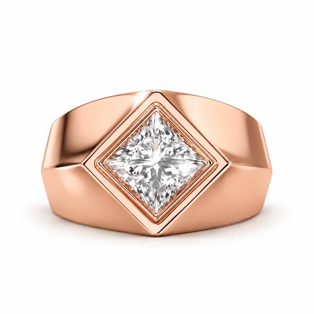 Princess Cut Solitaire Yellow Gold-Tone Geometric Signet Ring