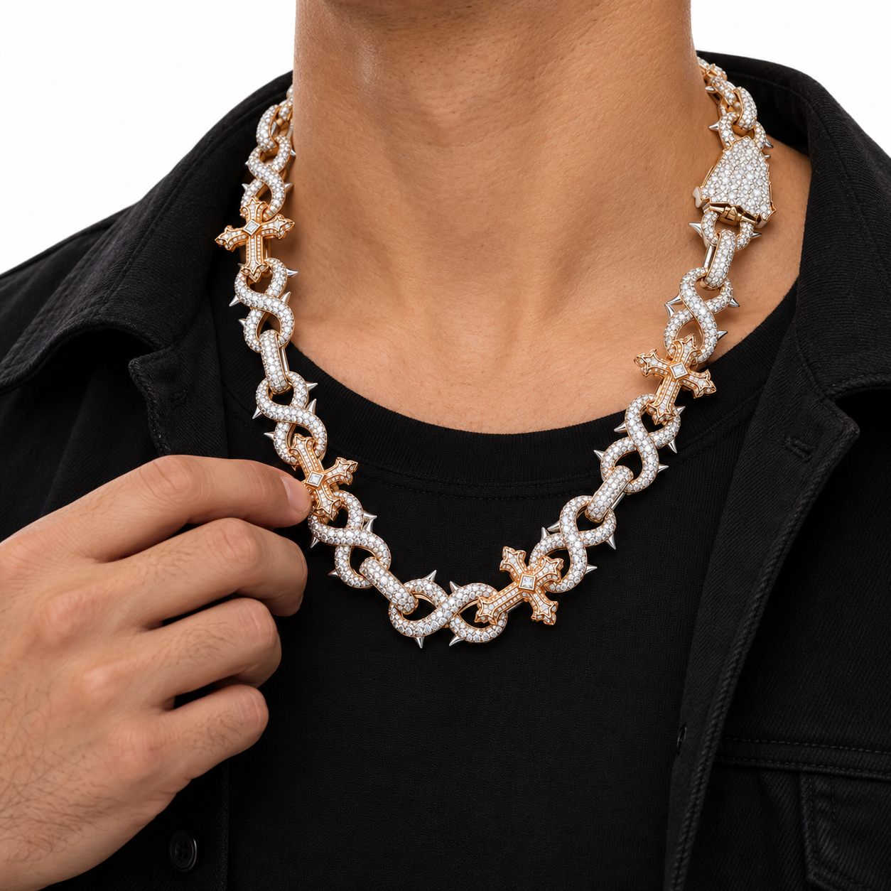 Iced Out Gothic Cross & Thorn Link Necklace | Custom Hip Hop Jewelry