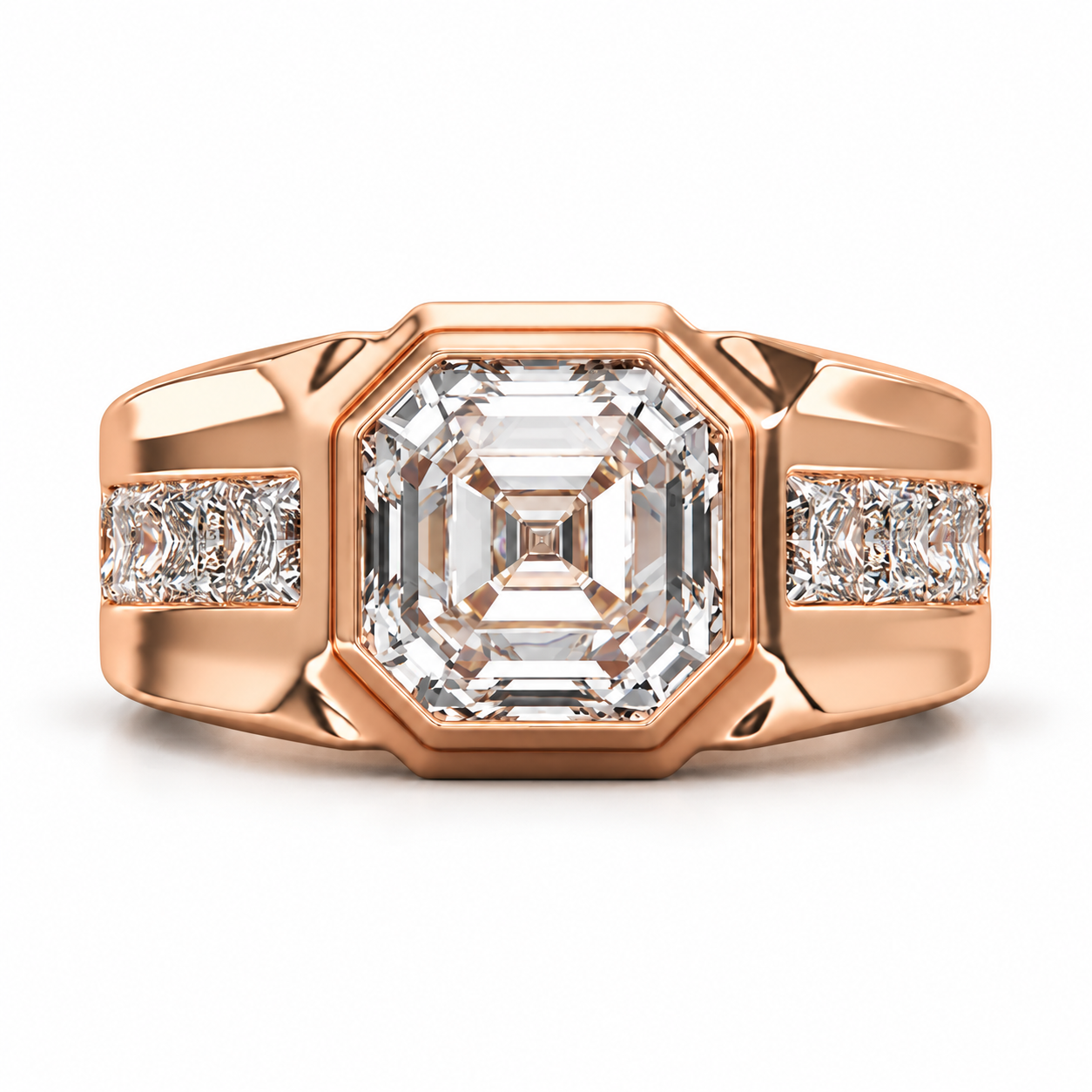 Asscher-Style Step Cut Yellow Gold-Tone Ring with Square Stone Shoulders