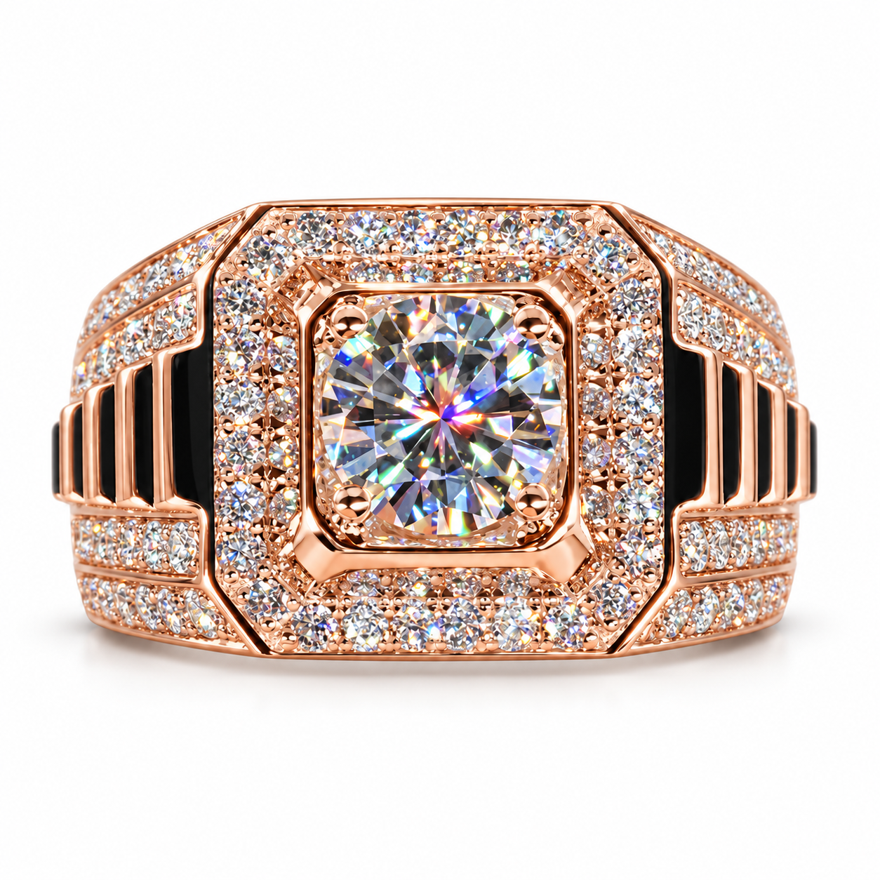 Round Center Octagonal Halo White Metal Ring with Ribbed Shoulders