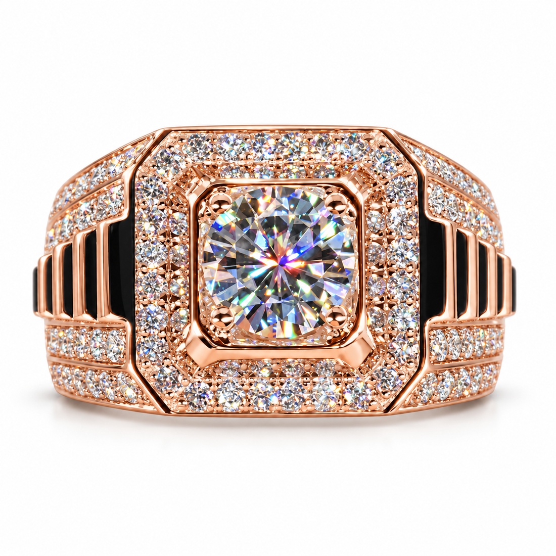 Round Center Octagonal Halo White Metal Ring with Ribbed Shoulders
