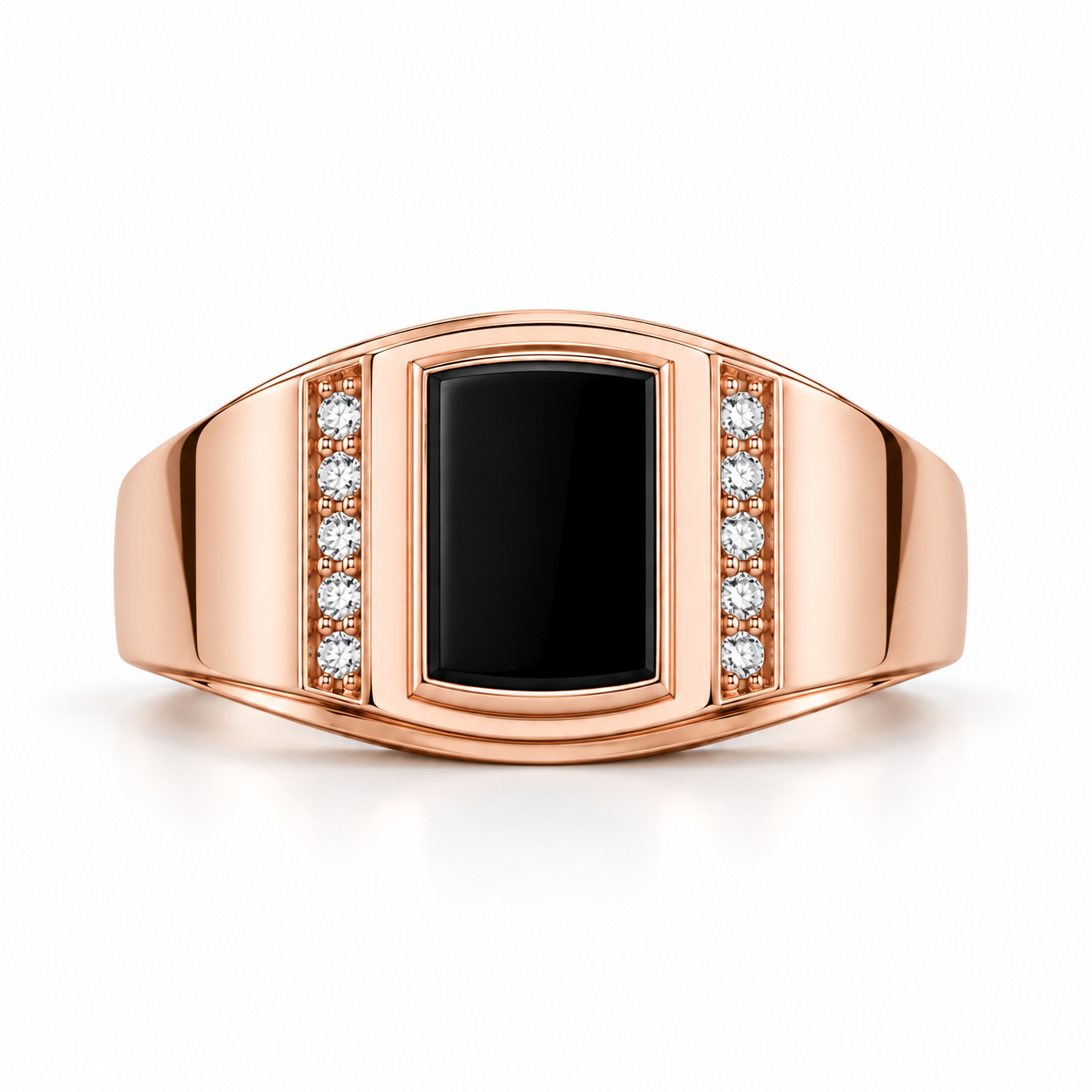 Rectangular Black Panel Yellow Gold-Tone Signet Ring with Round Stone Accents