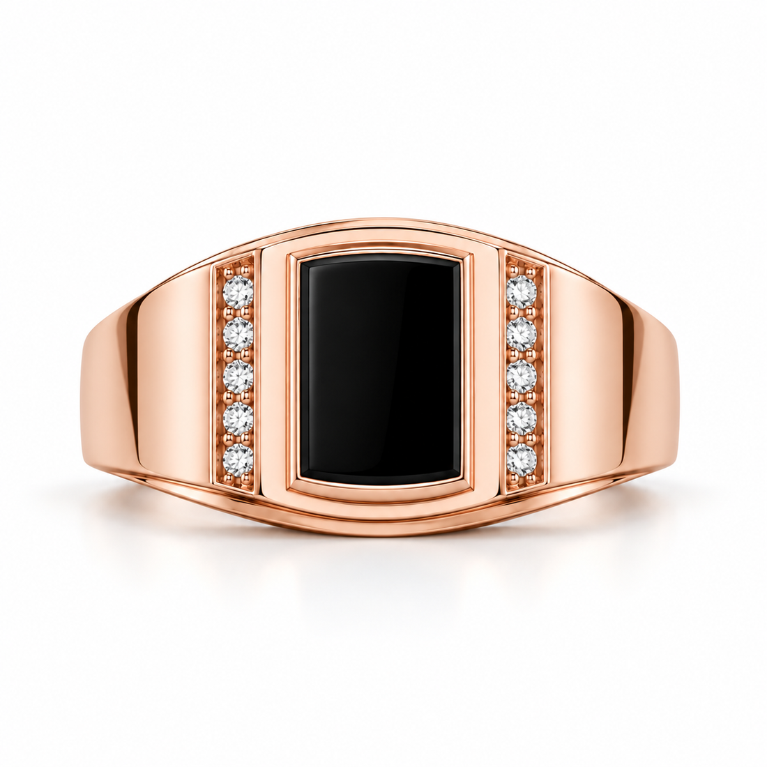 Rectangular Black Panel Yellow Gold-Tone Signet Ring with Round Stone Accents