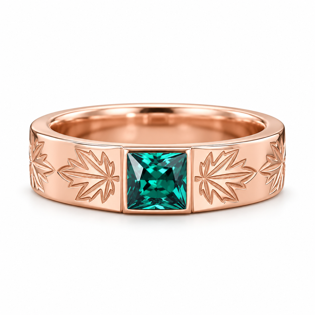 Green Princess Cut Yellow Gold-Tone Band Ring with Maple Leaf Engravings