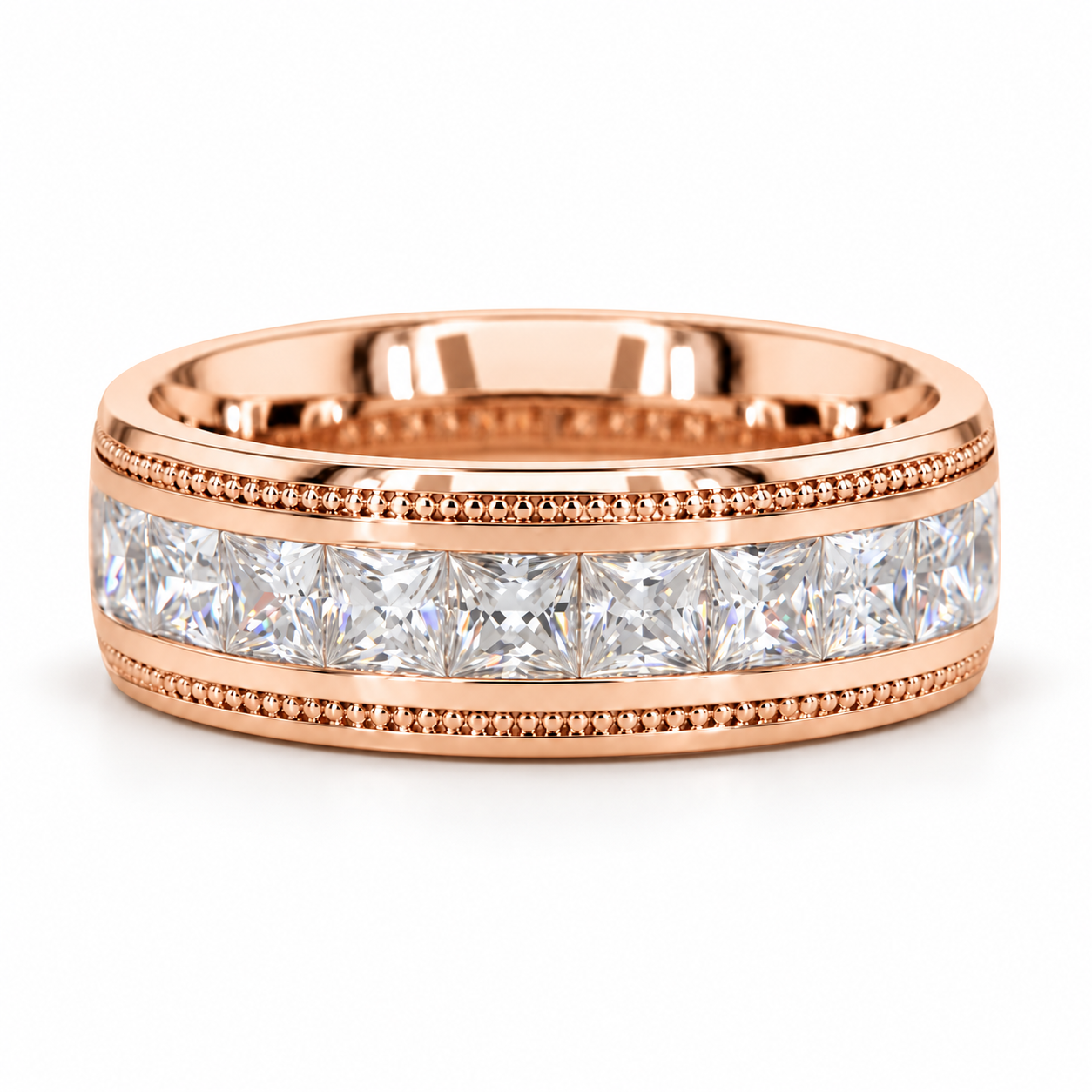 Princess Cut Channel Set White Metal Band Ring with Beaded Borders