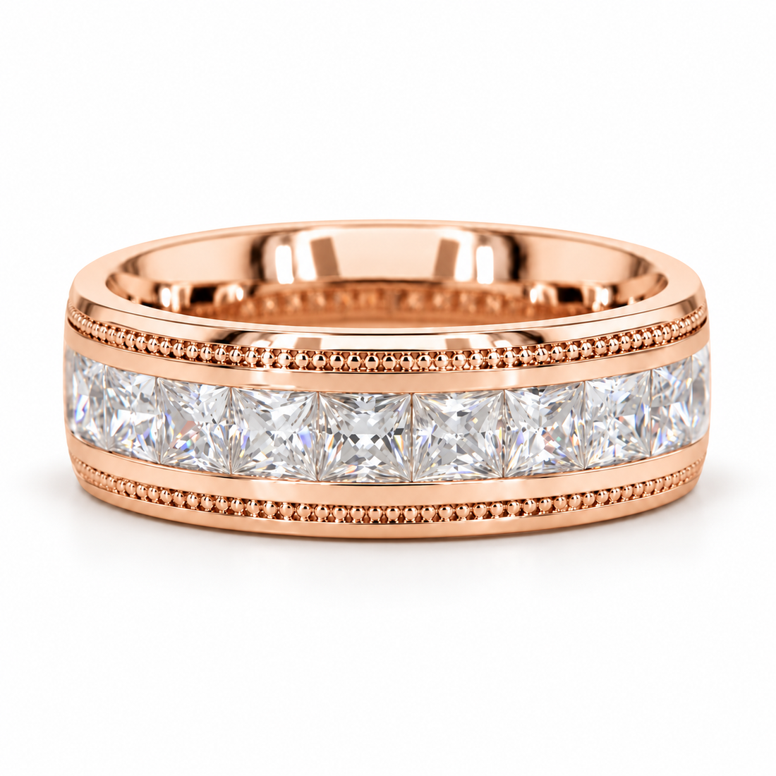 Princess Cut Channel Set White Metal Band Ring with Beaded Borders
