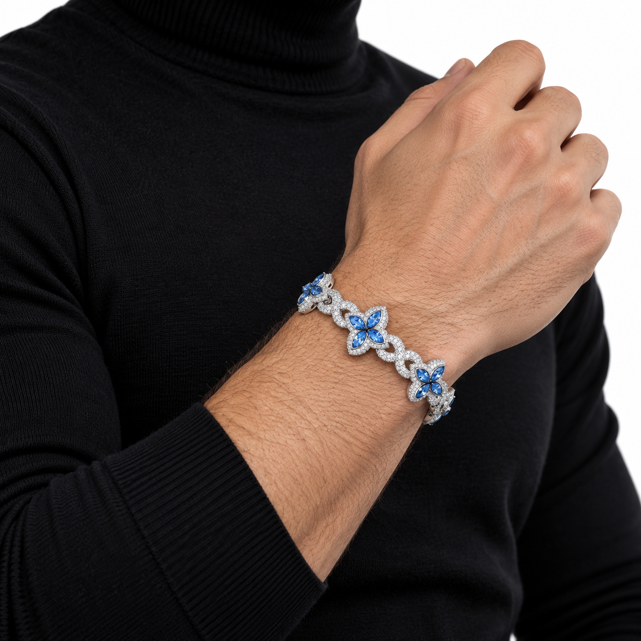 Iced Out Blue Four Petal Flower Bracelet | Custom Hip Hop Jewelry