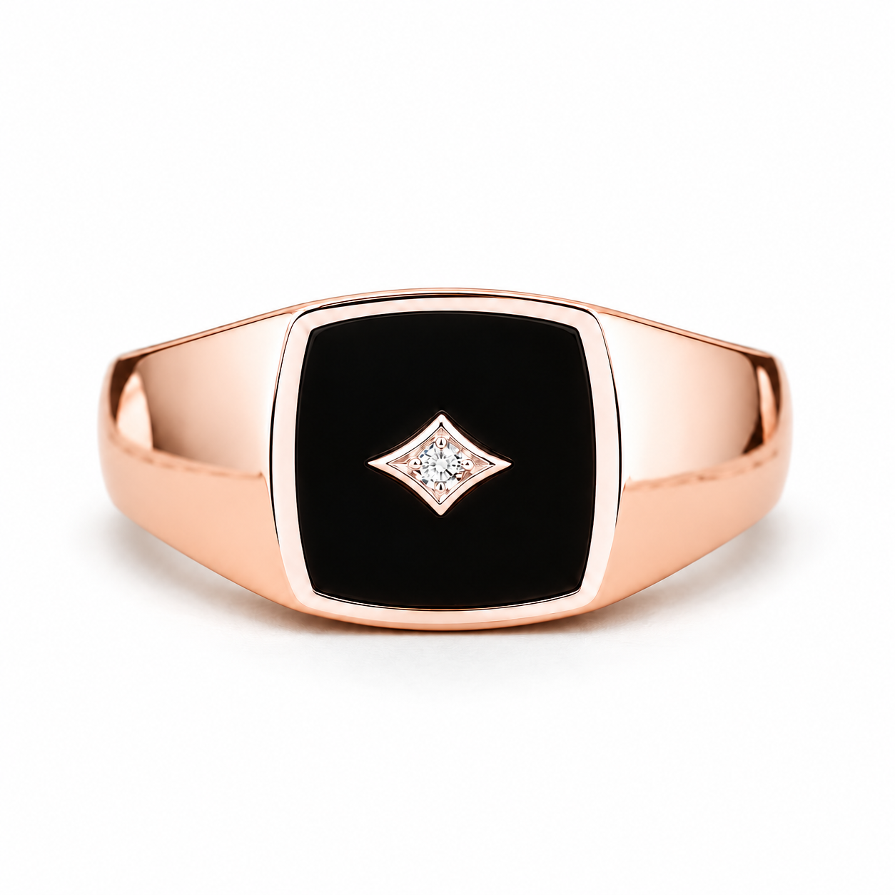 Black Panel Two-Tone Signet Ring with Star Motif Stone Accent