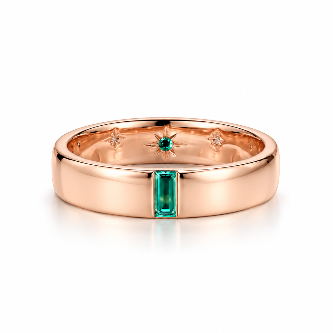 Green Baguette Yellow Gold-Tone Band Ring with Inner Starburst Detail