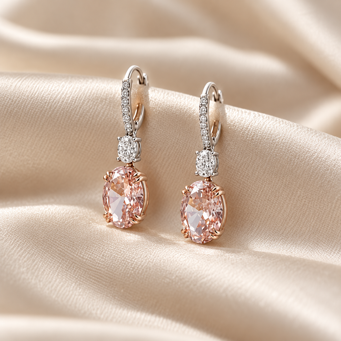 Peach Oval Stone Drop Earrings in Two Tone Gold Finish