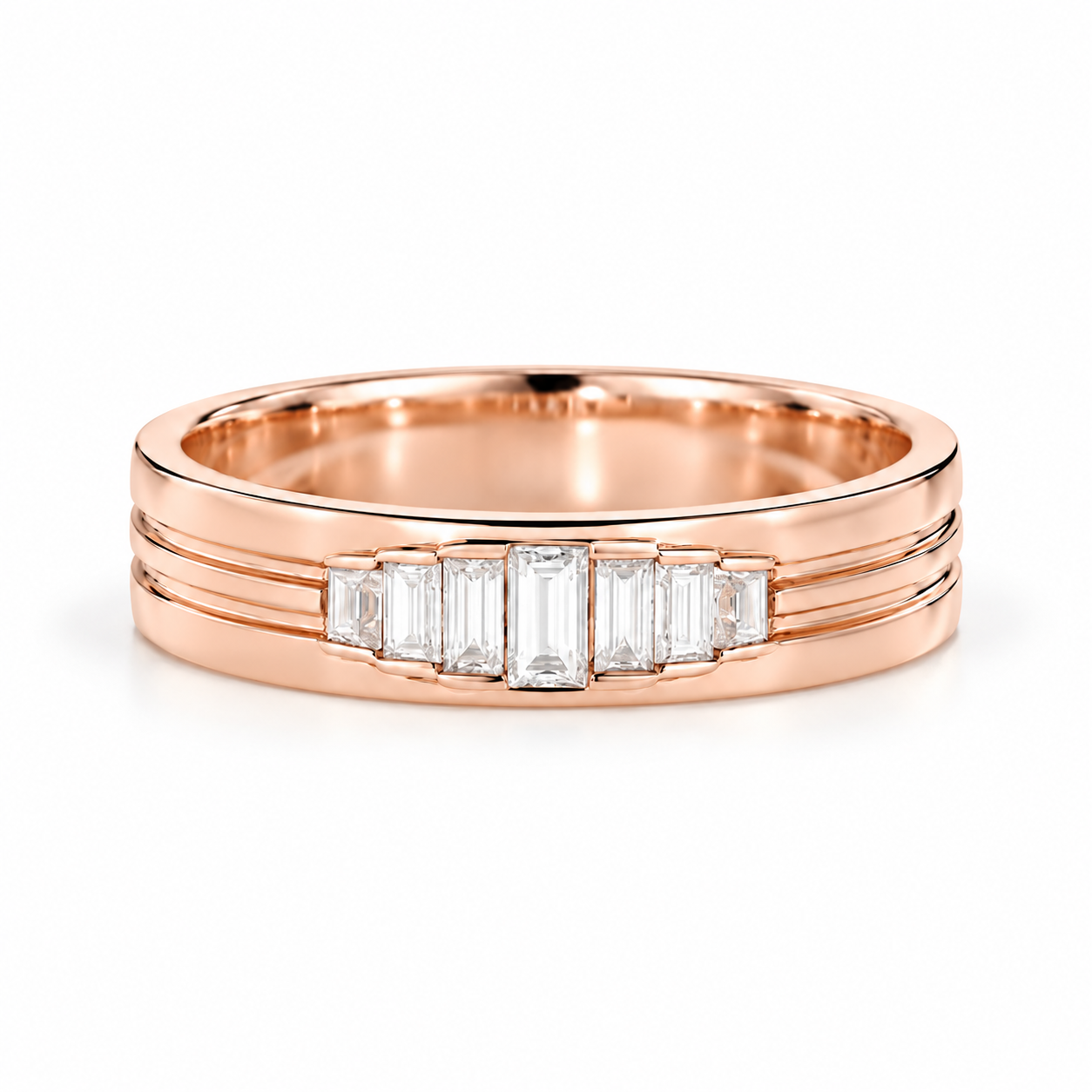 Seven Stone Graduated Baguette Yellow Gold-Tone Grooved Band Ring