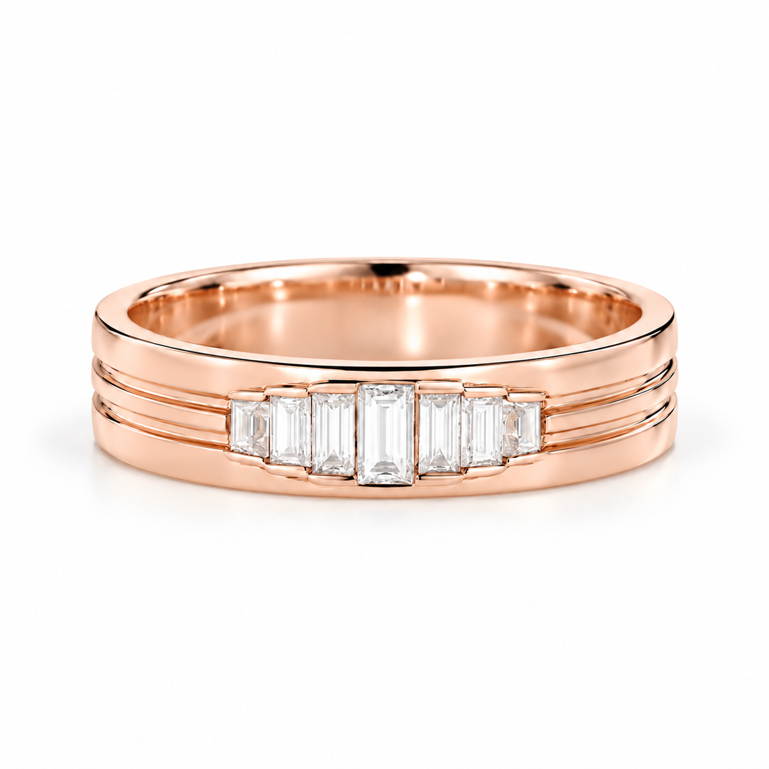 Seven Stone Graduated Baguette Yellow Gold-Tone Grooved Band Ring