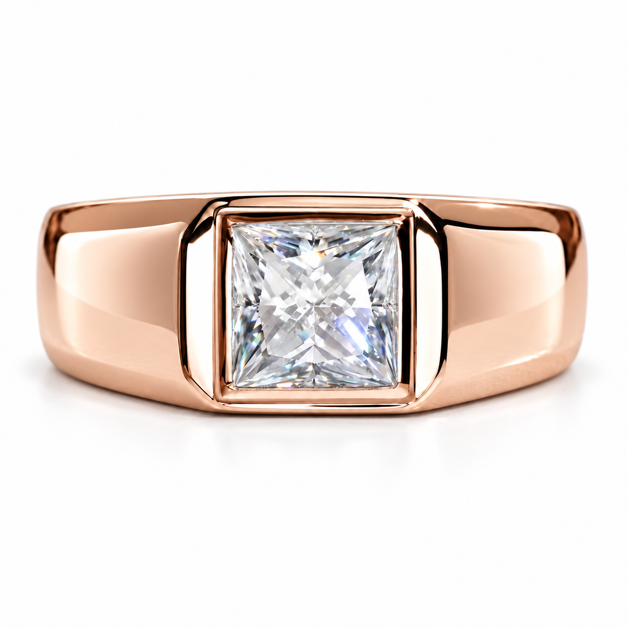 Princess Cut Solitaire White Metal Bezel-Style Signet Ring