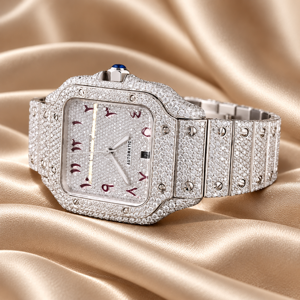 Iced Out Square Arabic Numeral Silver-Tone Watch – Custom diamond Statement Watch