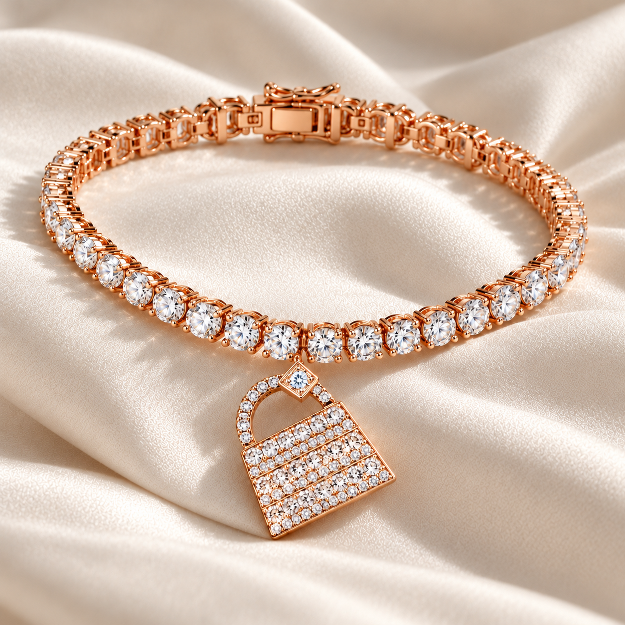Rose Gold-Tone Tennis Bracelet with Pavé Handbag Charm