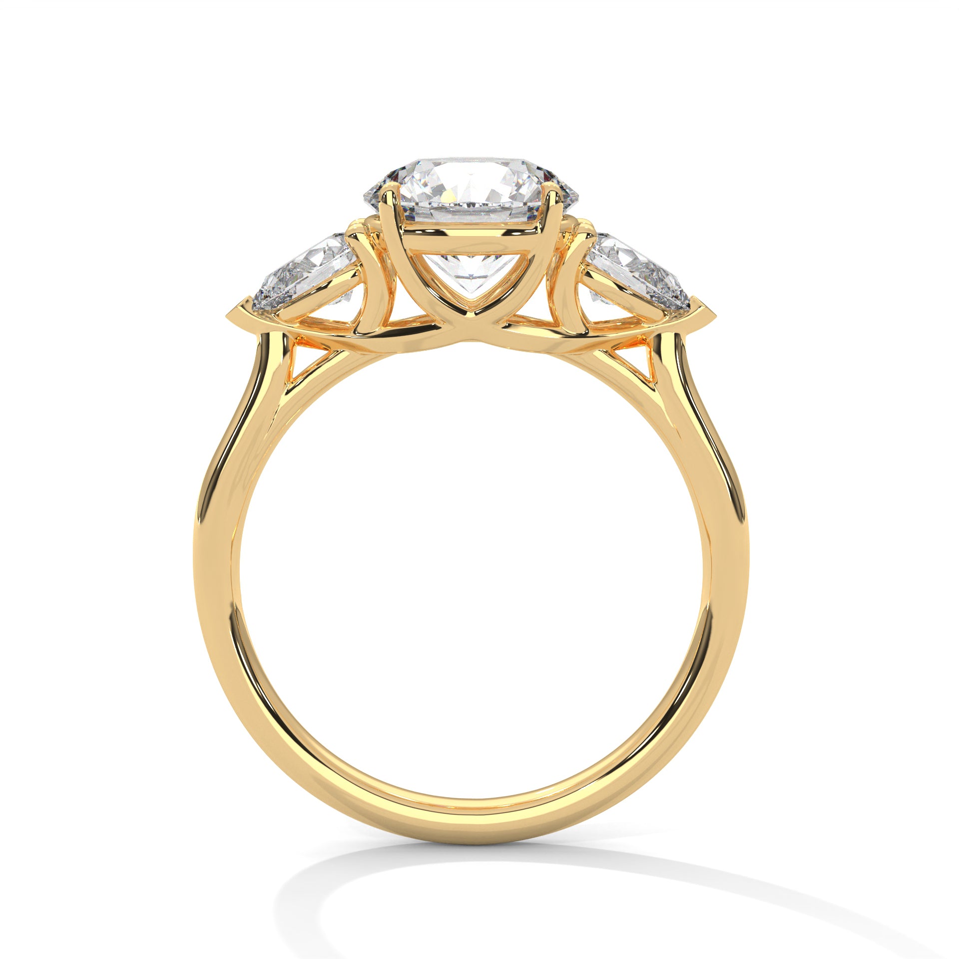 Rose Gold Round Cut Three Stone Pear Side Engagement Ring