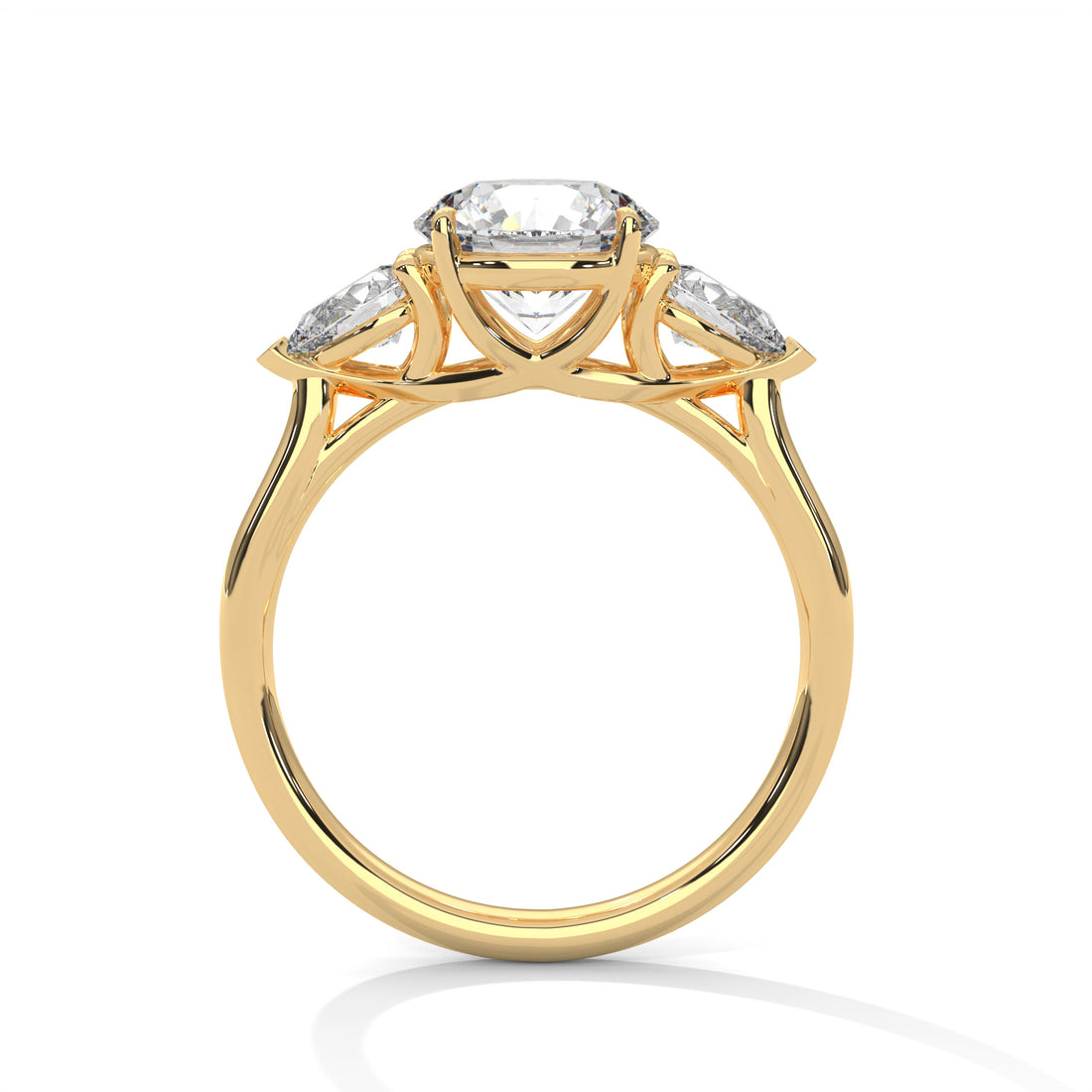 Rose Gold Round Cut Three Stone Pear Side Engagement Ring