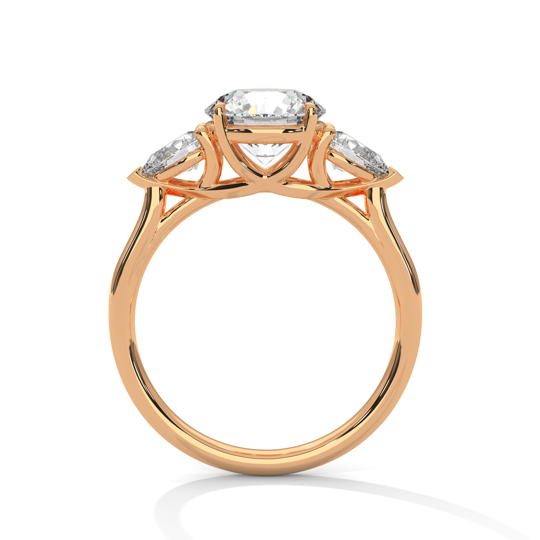 Rose Gold Round Cut Three Stone Pear Side Engagement Ring