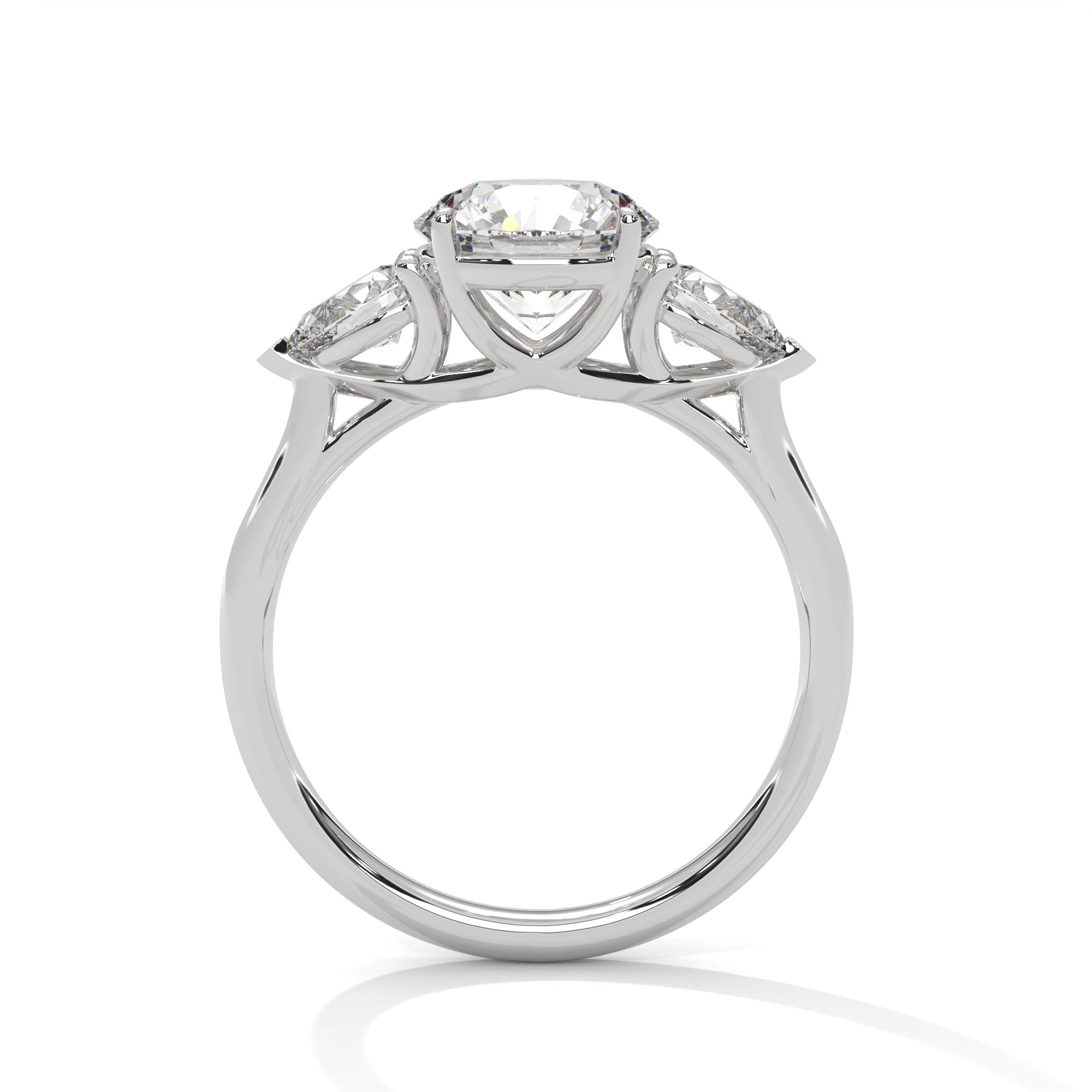 Rose Gold Round Cut Three Stone Pear Side Engagement Ring