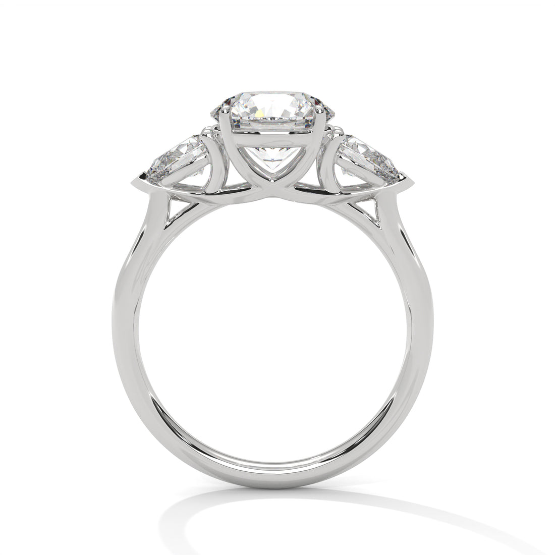 Rose Gold Round Cut Three Stone Pear Side Engagement Ring