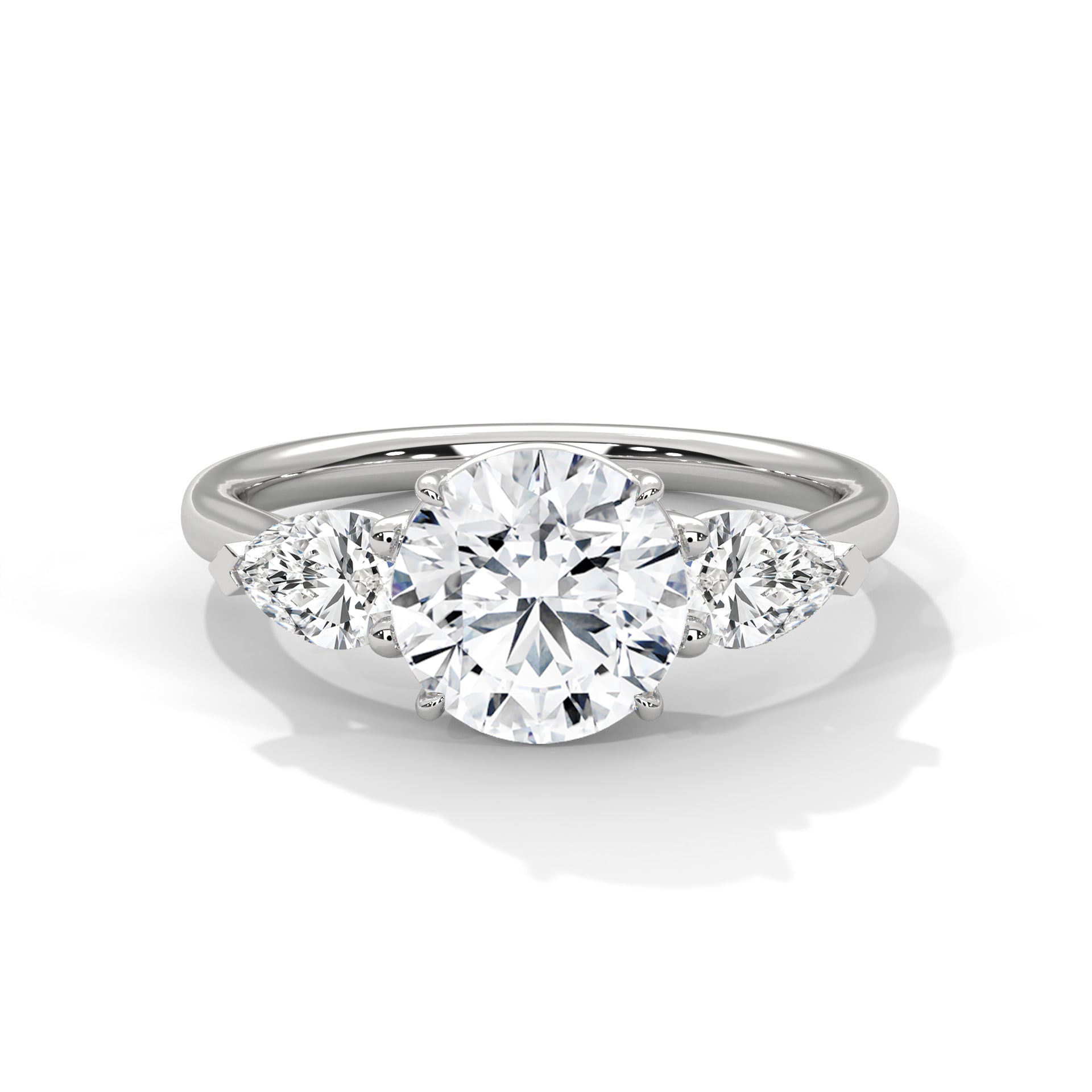 Rose Gold Round Cut Three Stone Pear Side Engagement Ring
