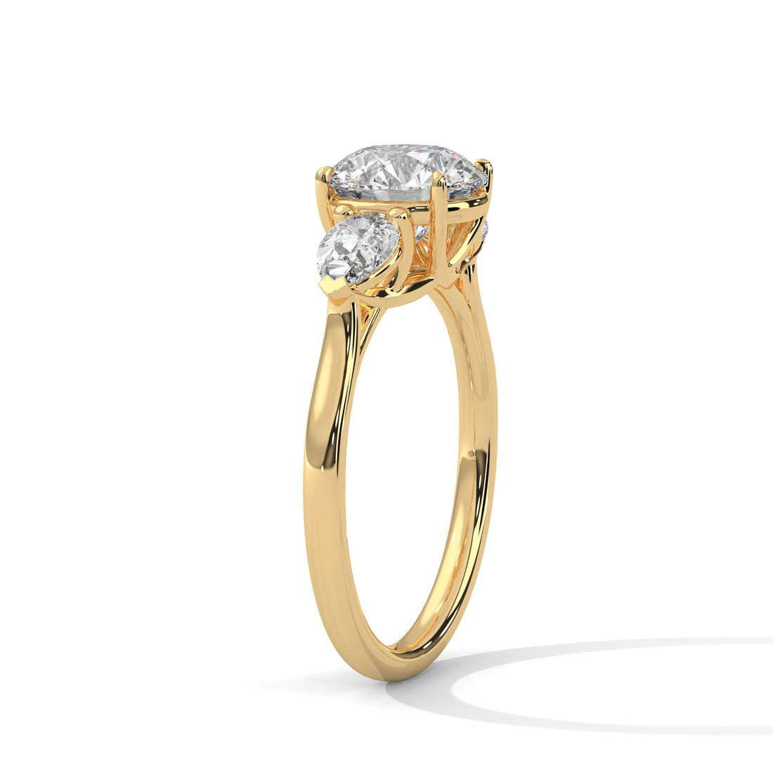 Rose Gold Round Cut Three Stone Pear Side Engagement Ring