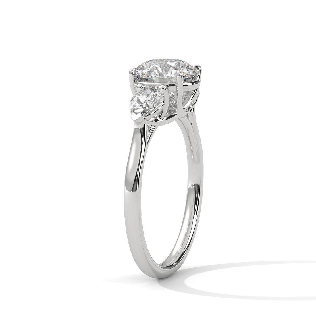 Rose Gold Round Cut Three Stone Pear Side Engagement Ring