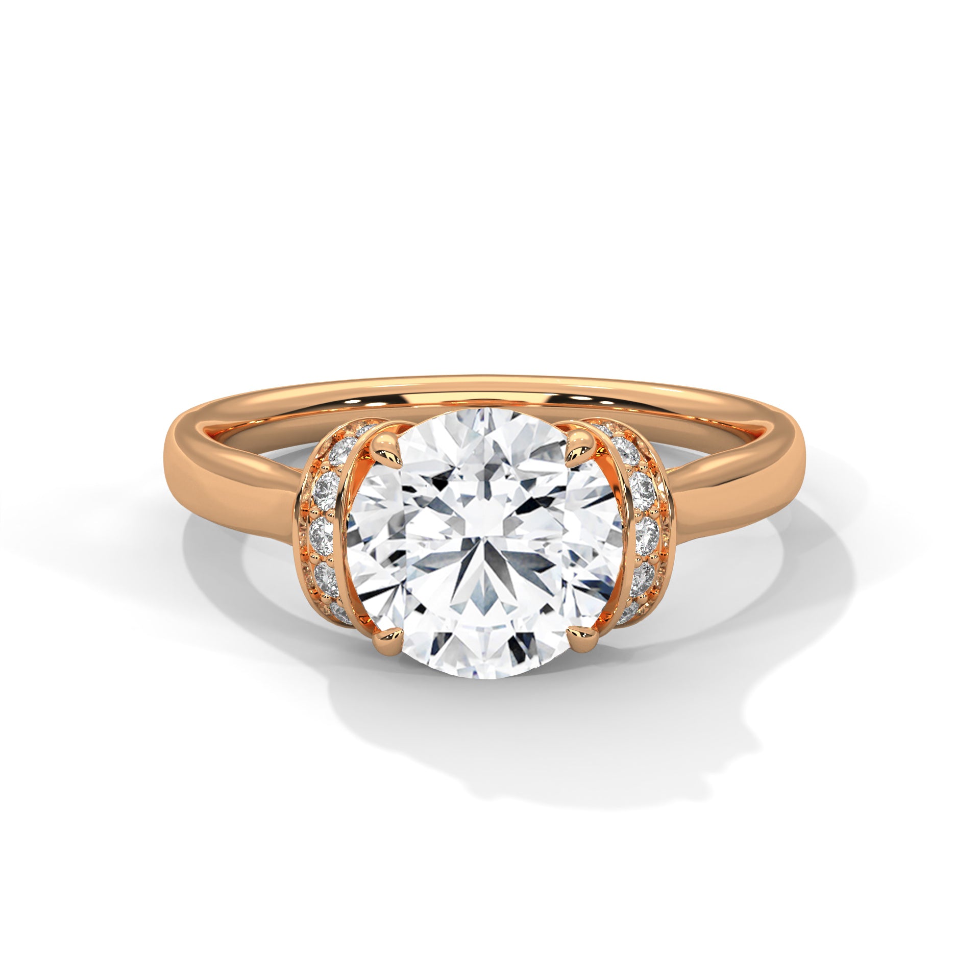 Rose Gold Round Cut Solitaire Double Curved Pavé Engagement & Anniversary Ring
