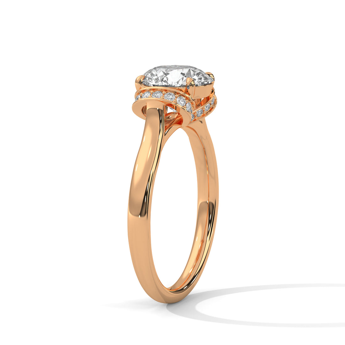 Rose Gold Round Cut Solitaire Double Curved Pavé Engagement & Anniversary Ring